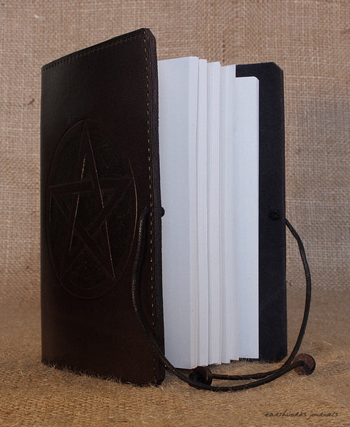 A6 black leather journal - pentagram open - earthworks journals - A6C016