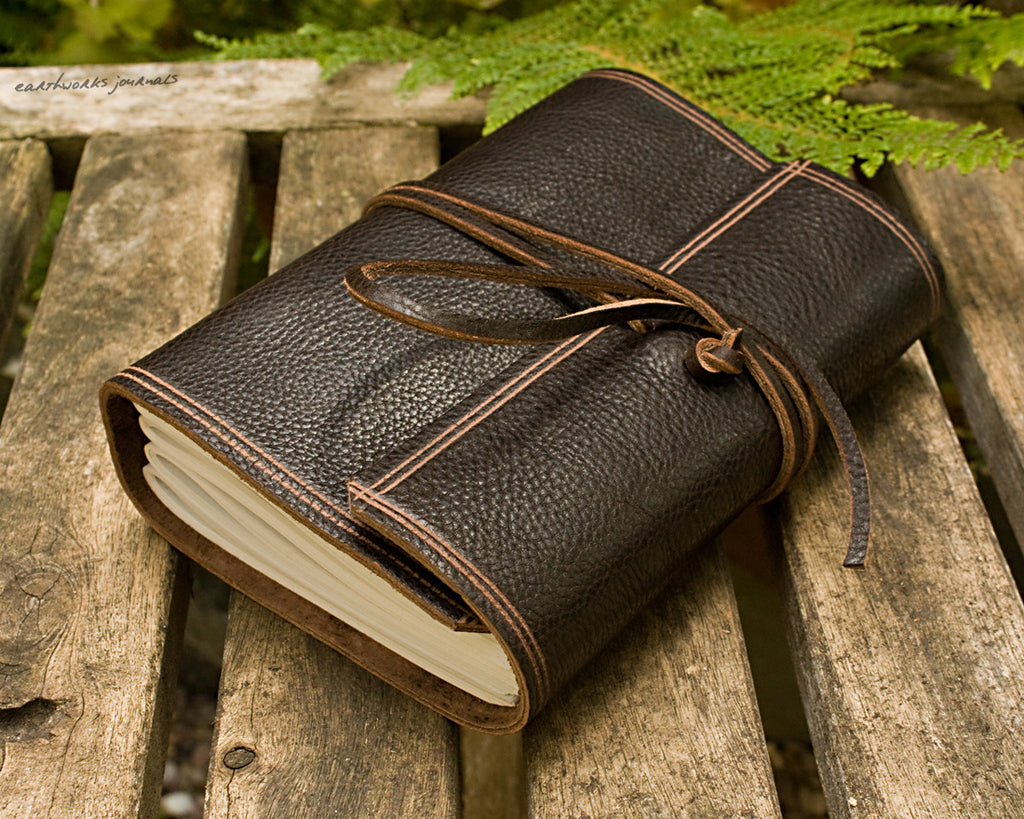A6 rugged dark brown leather journal - wraparound - earthworks journals - A6W002