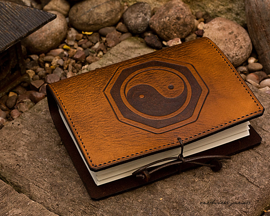 A6 brown leather journal - yin yang tai chi - earthworks journals - A6C019