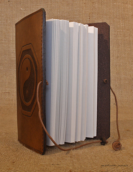 A6 brown leather journal - yin yang tai chi open - earthworks journals - A6C019