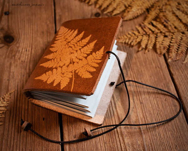 A7 Pocket Size Fern Leaf Leather Journal in Autumn Brown - Hand Bound
