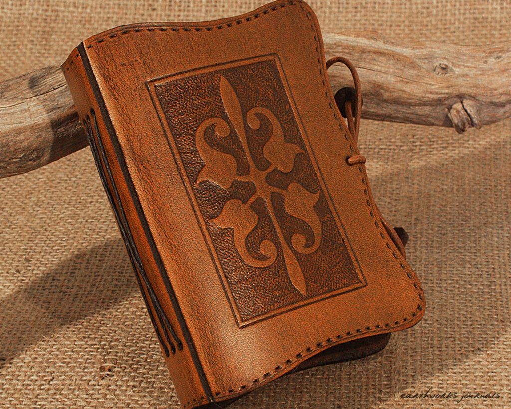 A7 brown leather journal - victorian art nouveau design - earthworks journals - A7C007