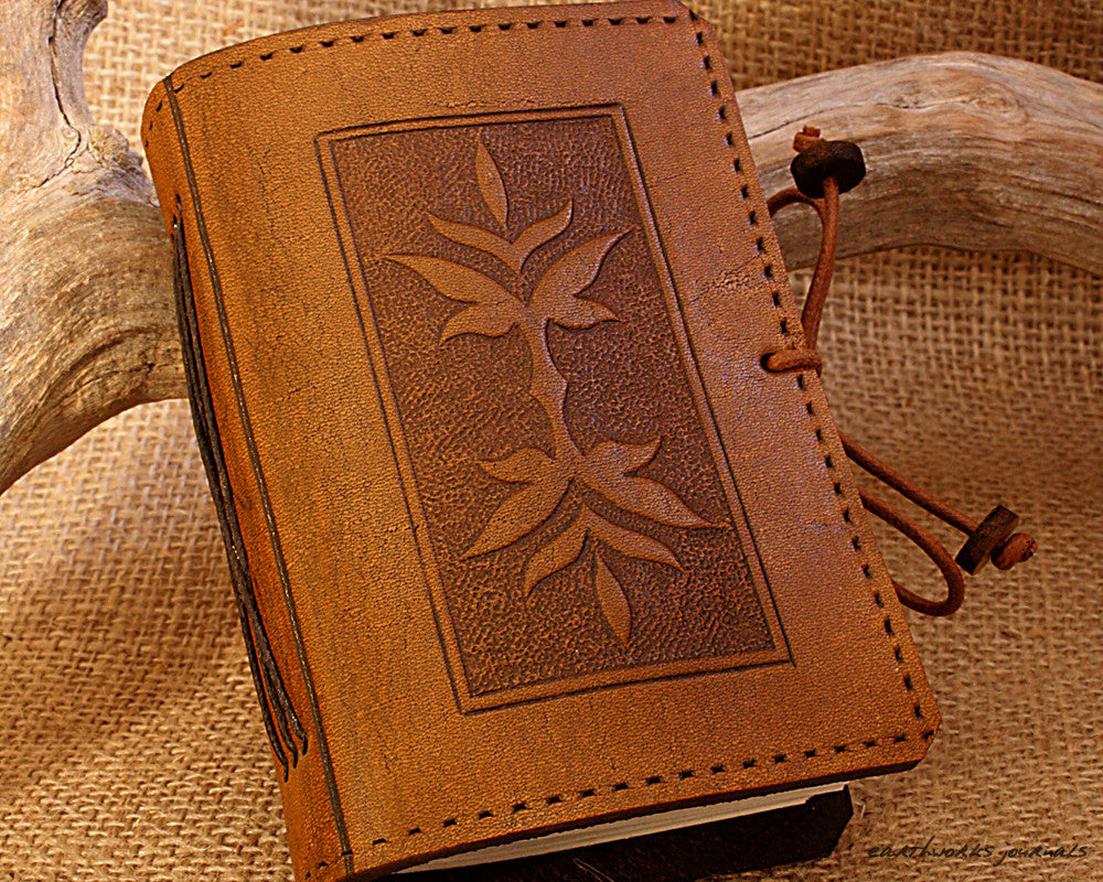A7 brown leather journal - victorian art nouveau leaf design - earthworks journals - A7C004