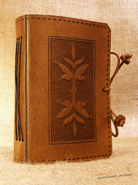 A7 brown leather journal - victorian art nouveau leaf design 2 - earthworks journals - A7C004