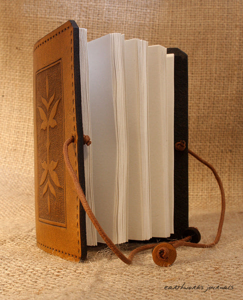 A7 brown leather journal - victorian art nouveau leaf design open - earthworks journals - A7C004