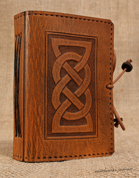A7 brown leather journal - celtic friendship/lovers knot design 2 - earthworks journals - A7C001