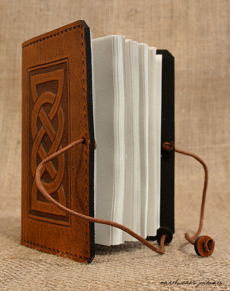 A7 brown leather journal - celtic friendship/lovers knot design open - earthworks journals - A7C001