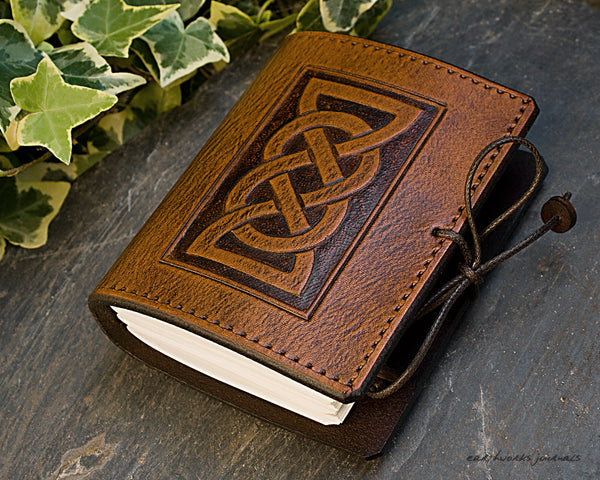 A7 brown leather journal - celtic friendship/lovers knot design 5 - earthworks journals - A7C001