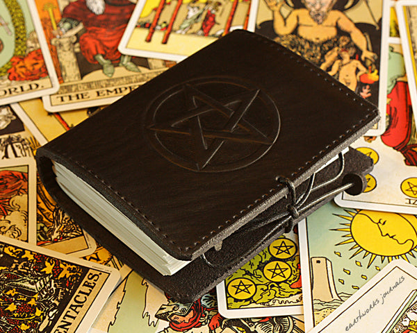 A7 black leather journal - pentagram pentacle design - earthworks journals - A7C006