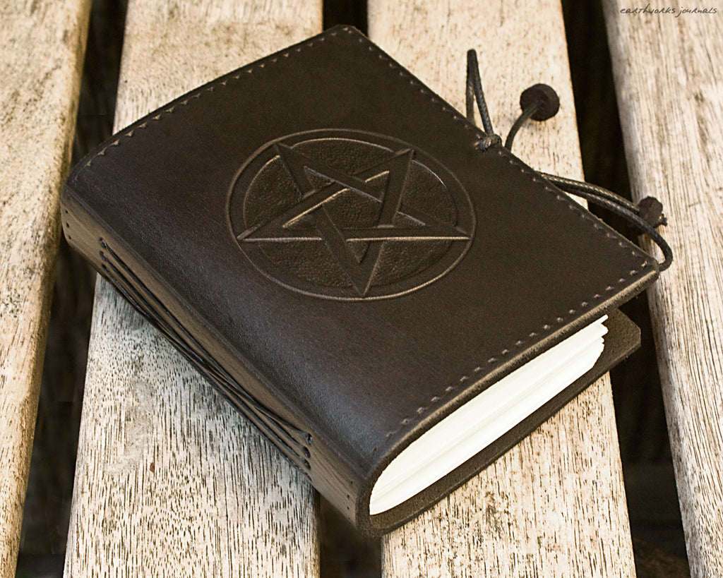 A7 black leather journal - pentagram pentacle design 2 - earthworks journals - A7C006
