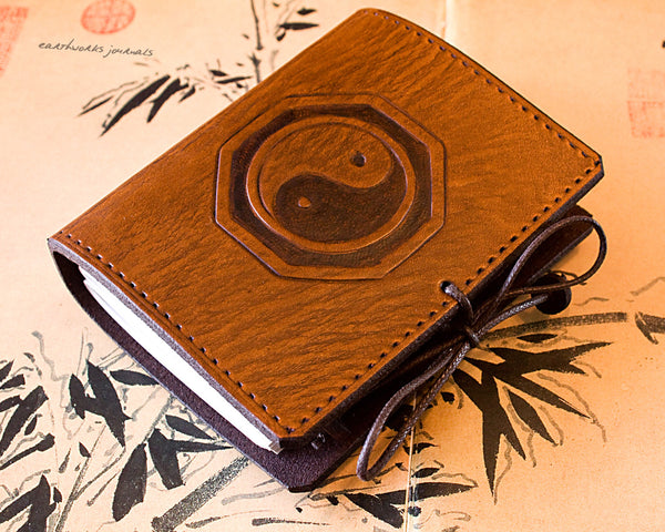 A7 brown leather journal - tai chi - yin yang - earthworks journals - A7C005