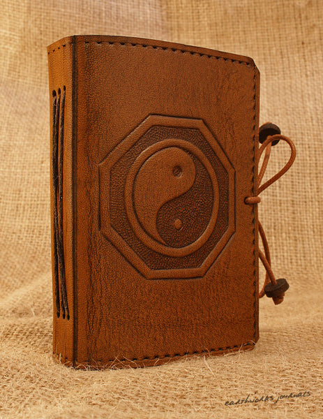 A7 Pocket Size Brown Leather Journal, Yin Yang, Tai Chi Design - Hand Bound