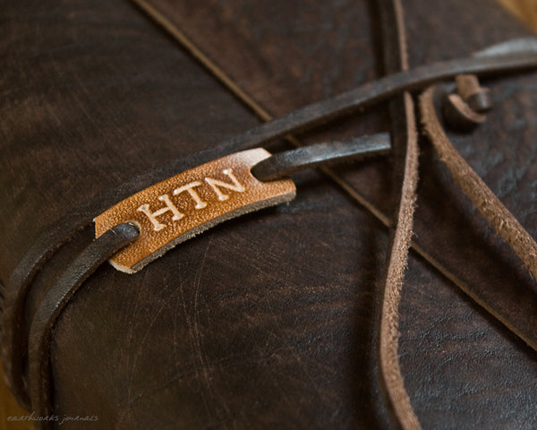 Personalised leather tag with initials - distressed dark brown leather journal - earthworks journals