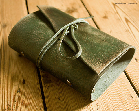 personal size distressed green leather organiser - wraparound - earthworks journals - PSWB002