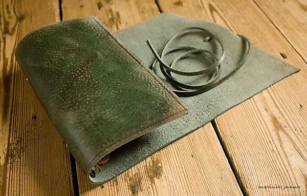 personal size distressed green leather organiser - wraparound 2 - earthworks journals - PSWB002
